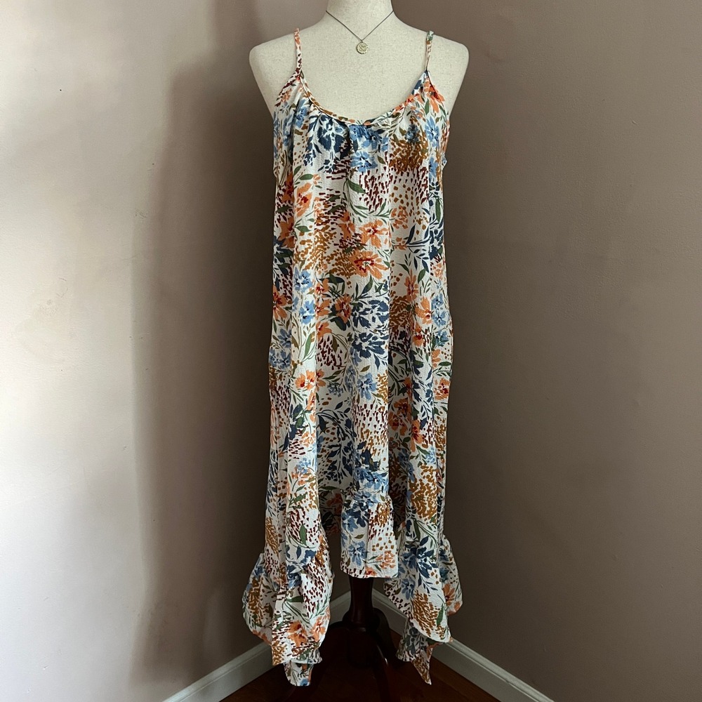 Three Bird Nest Floral Handkerchief Hem Swing Dress Boho Cami Size Small